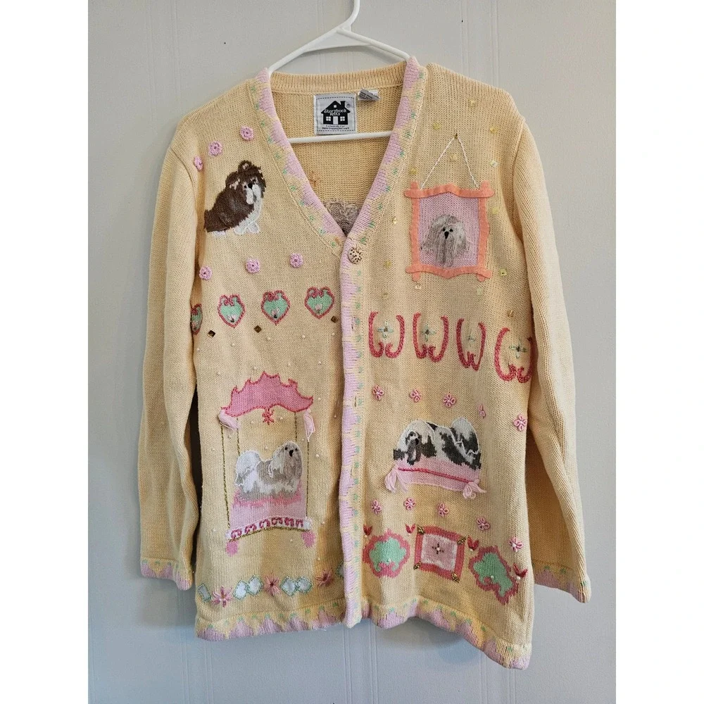 Storybook Knits Lhasa Apso Dog Cardigan Sweater grandmacore Embroidered medium - Picture 1 of 11